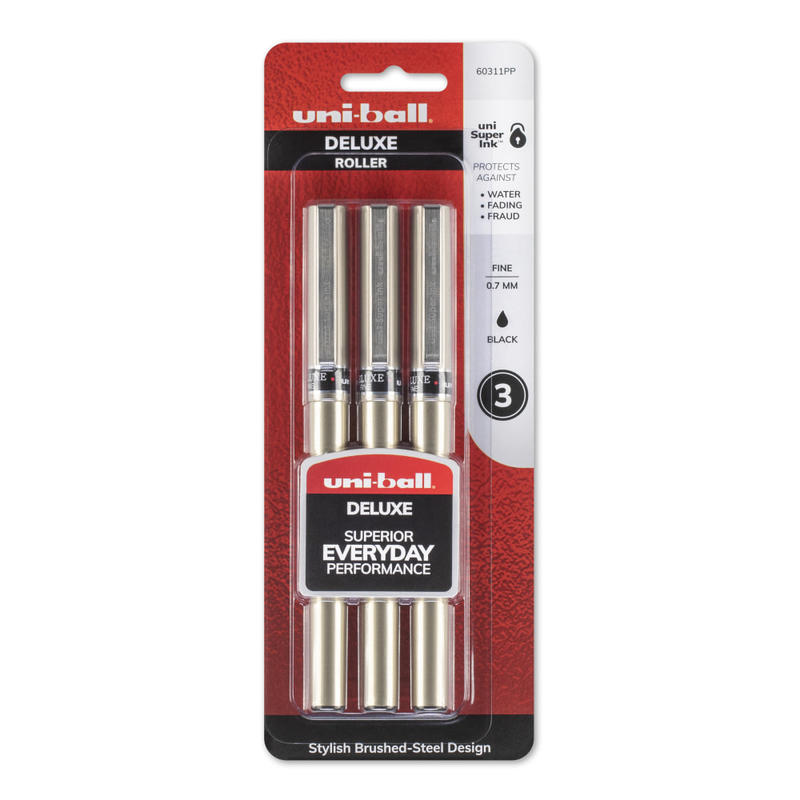 uni-ball Deluxe Rollerball Pens, Fine Point, 0.7 mm, Graphite Barrel, Black Ink, Pack Of 3 MPN:60311