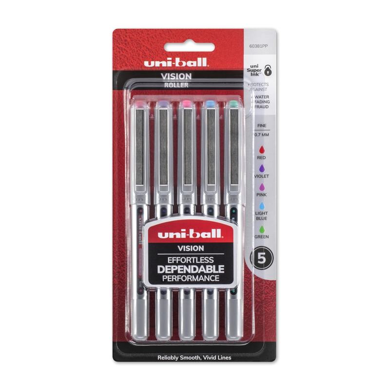 uni-ball Vision Rollerball Pens, Fine Point, 0.7 mm, Assorted Barrels, Assorted Ink Colors, Pack Of 5 MPN:60381