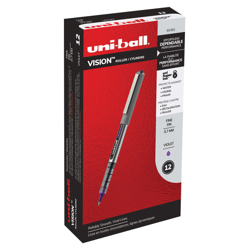 uni-ball Vision Rollerball Pens, Fine Point, 0.7 mm, Gray Barrel, Violet Ink, Pack Of 12 MPN:60382