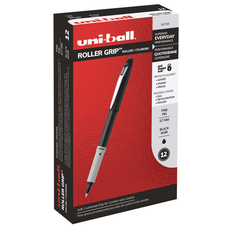 uni-ball Grip Rollerball Pens, Fine Point, 0.7 mm, Black Barrel, Black Ink, Pack Of 12 MPN:60708