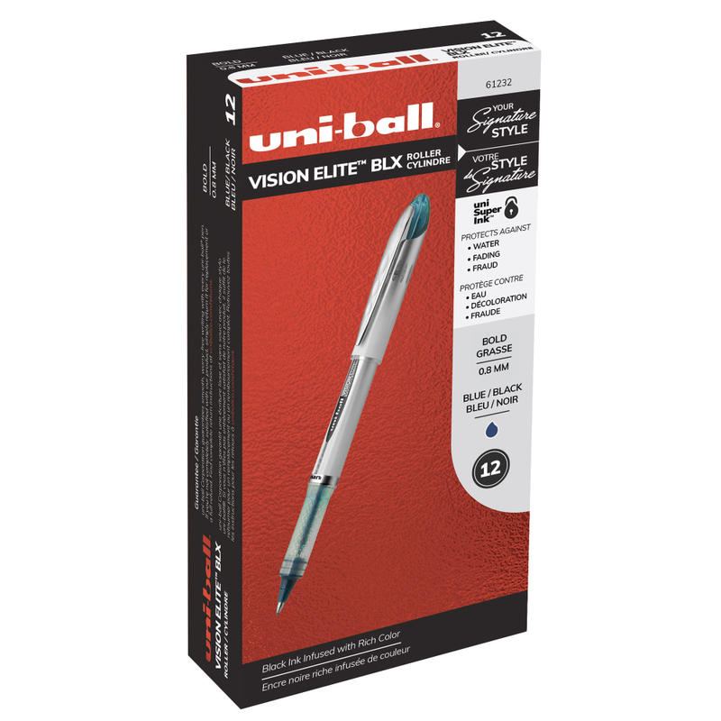 uni-ball Vision Elite Liquid Ink Rollerball Pens, Bold Point, 0.8 mm, White Barrel, Blue/Black Ink, Pack Of 12 MPN:61232