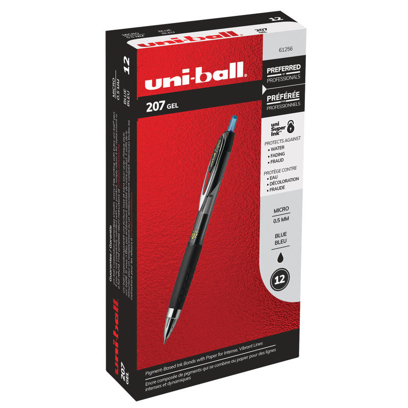 uni-ball 207 Retractable Fraud Prevention Gel Pens, Micro Point, 0.5 mm, Black Barrels, Blue Ink, Pack Of 12 MPN:61256