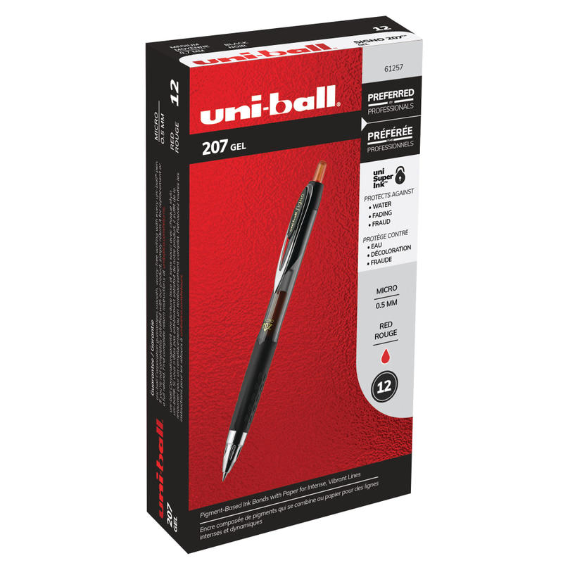 uni-ball 207 Retractable Fraud Prevention Gel Pens, Micro Point, 0.5 mm, Black Barrels, Red Ink, Pack Of 12 MPN:61257