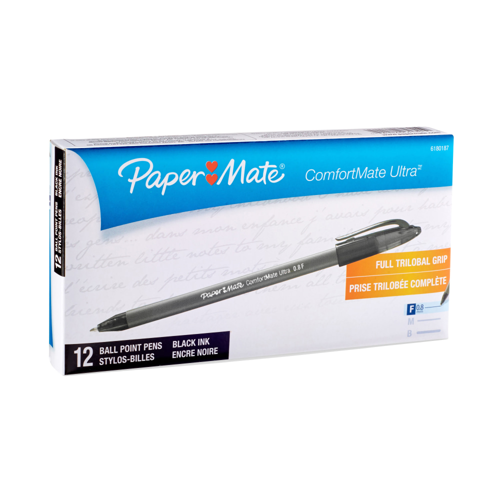 Paper Mate Comfortmate Ultra Ballpoint Stick Pens, Fine Point, 0.8 mm, Black Barrel, Black Ink, Pack Of 12 MPN:61801