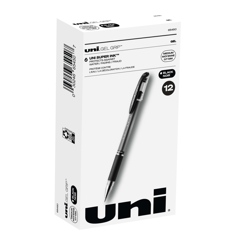 uni-ball Gel Grip Pens, Medium Point, 0.7 mm, Clear Barrel, Black Ink, Pack Of 12 MPN:65450