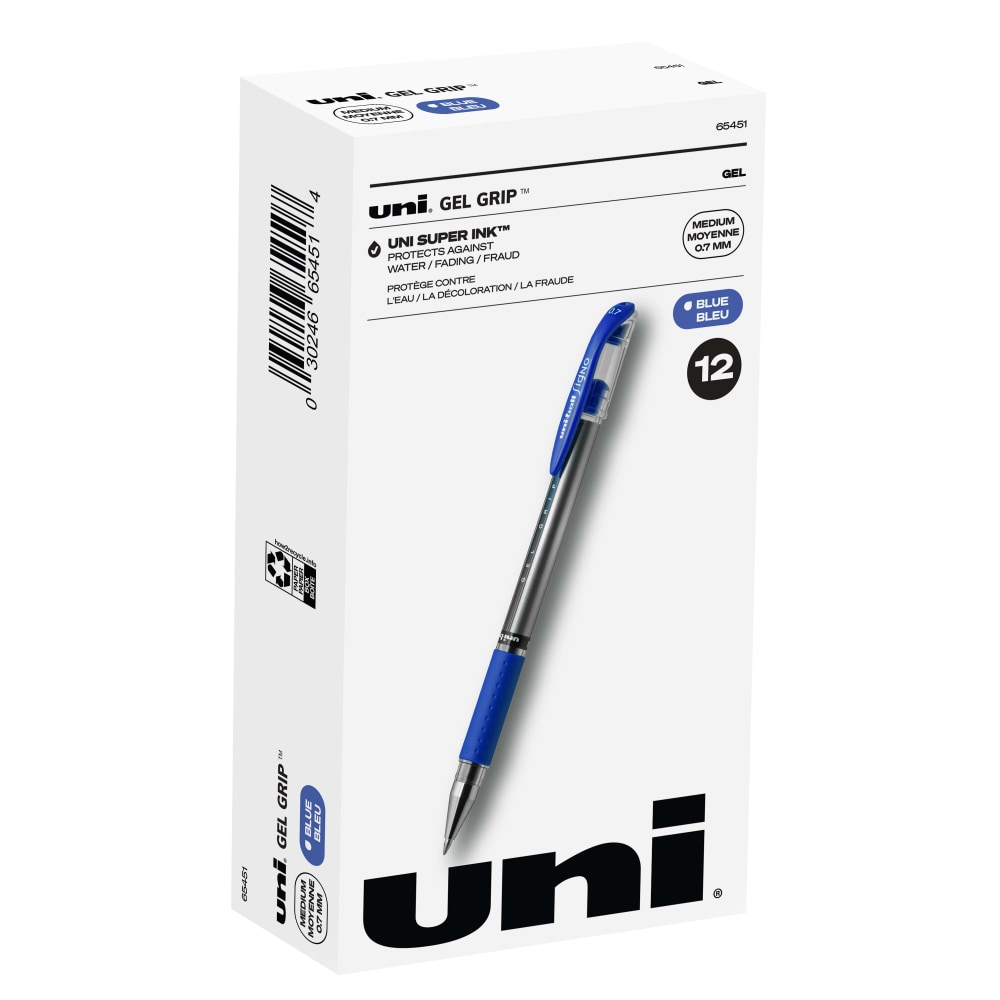 uni-ball Gel Grip Pens, Medium Point, 0.7 mm, Clear Barrel, Blue Ink, Pack Of 12 MPN:65451