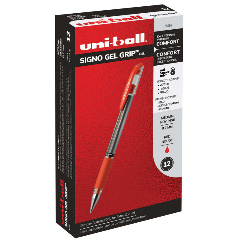 uni-ball Gel Grip Pens, Medium Point, 0.7 mm, Clear Barrel, Red Ink, Pack Of 12 MPN:65452