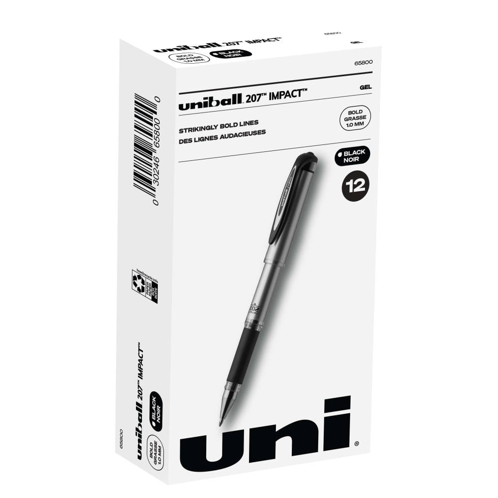uni-ball 207 Impact Gel Pens, Bold Point, 1.0 mm, Black; Gray Barrel, Black Ink, Pack Of 12 MPN:65800DZ