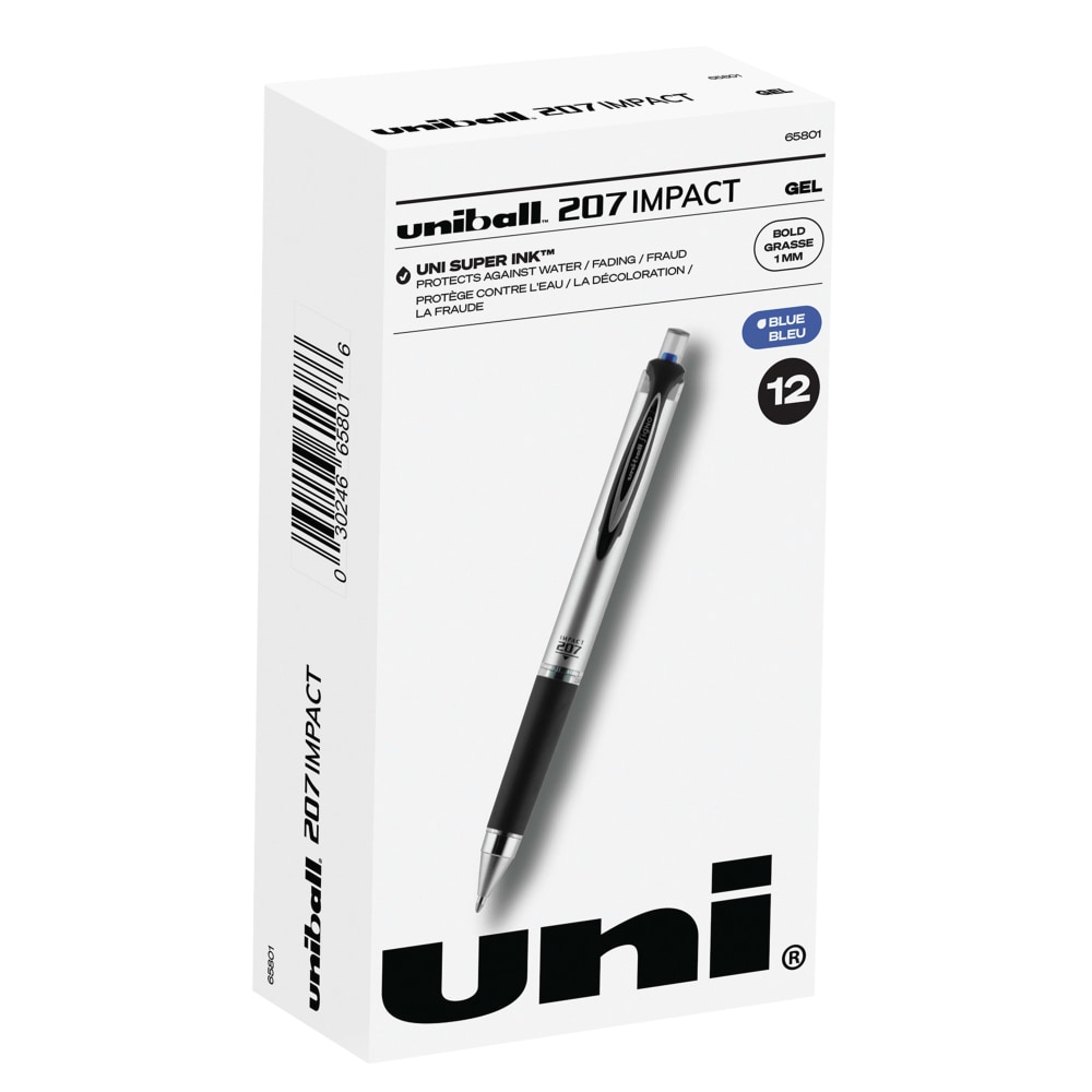 uni-ball 207 Impact Gel Pens, Bold Point, 1.0 mm, Blue; Gray Barrel, Blue Ink, Pack Of 12 MPN:65801DZ