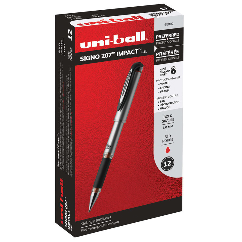 uni-ball 207 Impact Gel Pens, Bold Point, 1.0 mm, Red Gray Barrel, Red Ink, Pack Of 12 MPN:65802