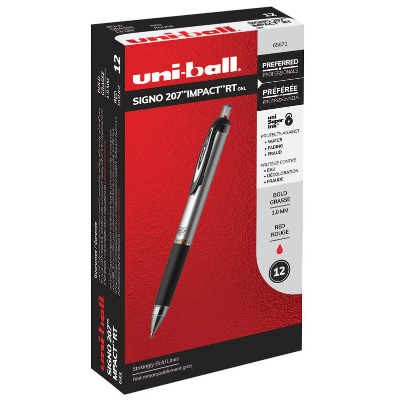 uni-ball RT Gel Pens, 207 Impact, Bold Point, 1.0 mm, Gray Barrel, Red Ink, Pack Of 12 MPN:65872DZ