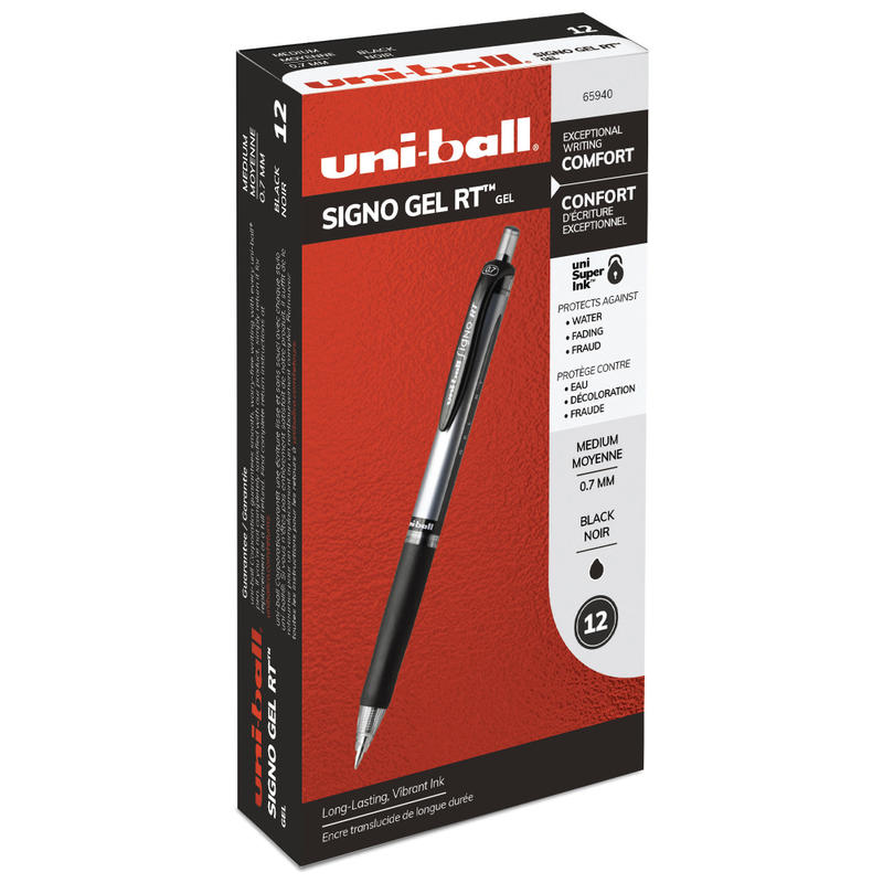 uni-ball Signo Gel RT Retractable Pens, Medium Point, 0.7 mm, Silver Barrel, Black Ink, Pack Of 12 Pens MPN:65940