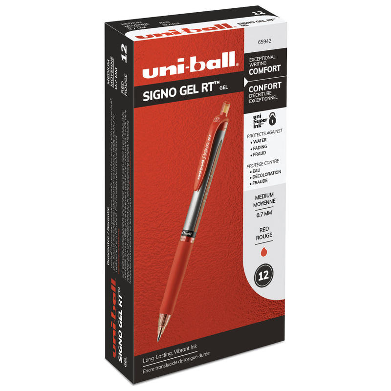 uni-ball Signo Gel RT Retractable Pens, Medium Point, 0.7 mm, Silver Barrel, Red Ink, Pack Of 12 Pens MPN:65942