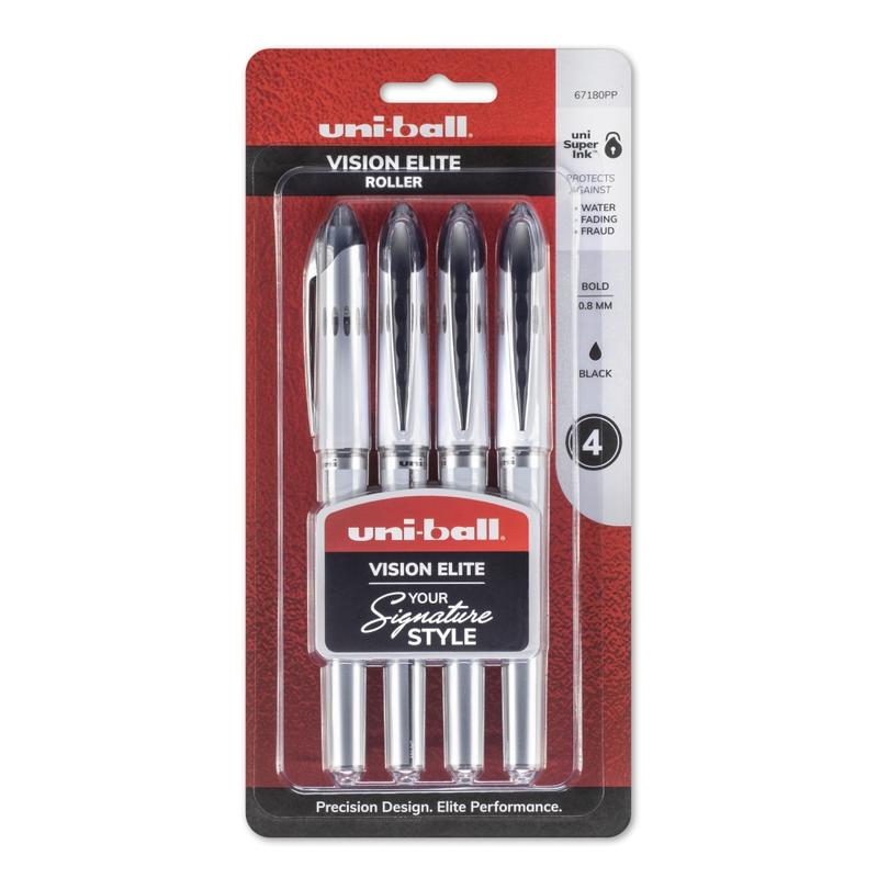 uni-ball Vision Elite Liquid Ink Rollerball Pens, Bold Point, 0.8 mm, White Barrel, Black Ink, Pack Of 4 MPN:67180