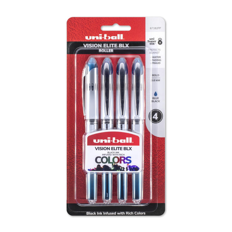 uni-ball Vision Elite Liquid Ink Rollerball Pen, Bold Point, 0.8 mm, Silver Barrels, Blue/Black Ink MPN:67182