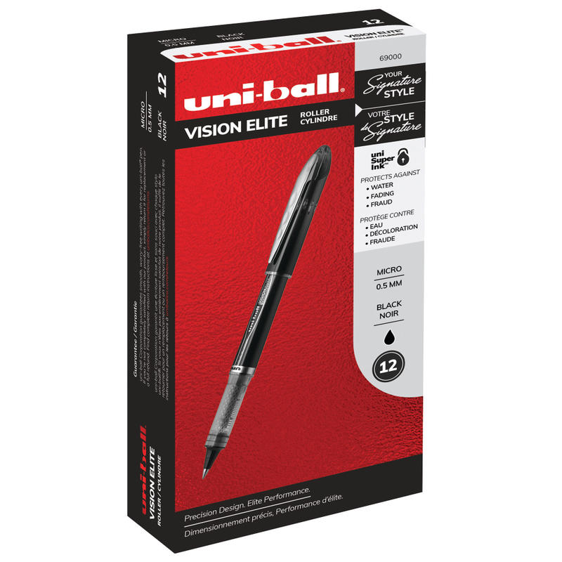 uni-ball Vision Elite Liquid Ink Rollerball Pens, Micro Point, 0.5 mm, Black Barrel, Black Ink, Pack Of 12 MPN:69000DZ