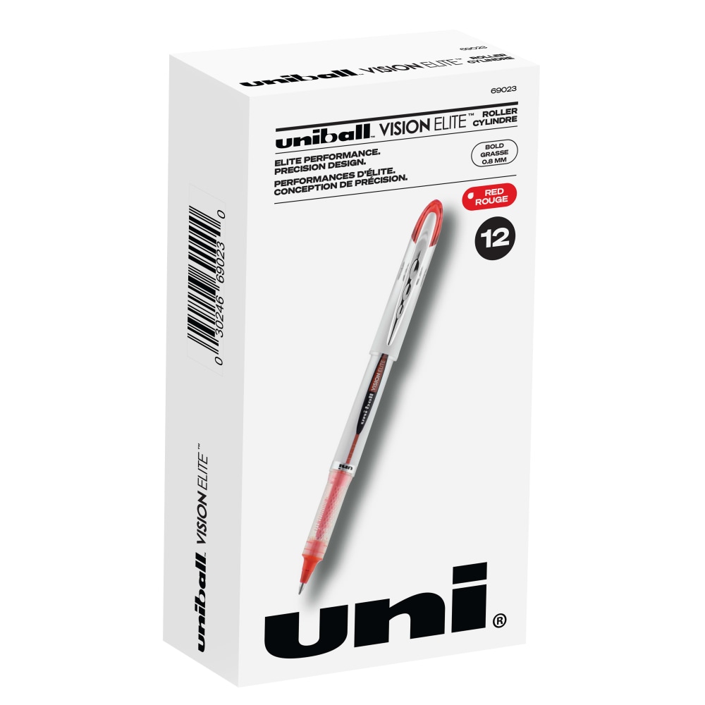 uni-ball Vision Elite Liquid Ink Rollerball Pens, Bold Point, 0.8 mm, White Barrel, Red Ink, Pack Of 12 MPN:69023