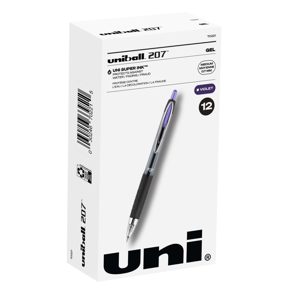 uni-ball 207 Retractable Fraud Prevention Gel Pens, Medium Point, 0.7 mm, Black Barrels, Purple Ink, Pack Of 12 MPN:70221