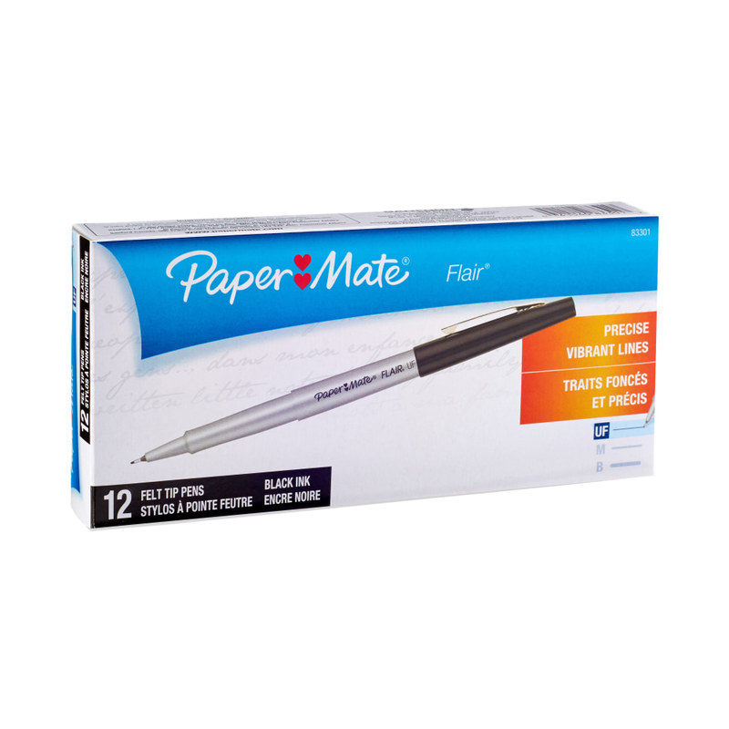 Paper Mate Flair Porous-Point Pens, Ultra Fine Point, 0.4 mm, Black Barrel, Black Ink, Pack Of 12 MPN:8330152