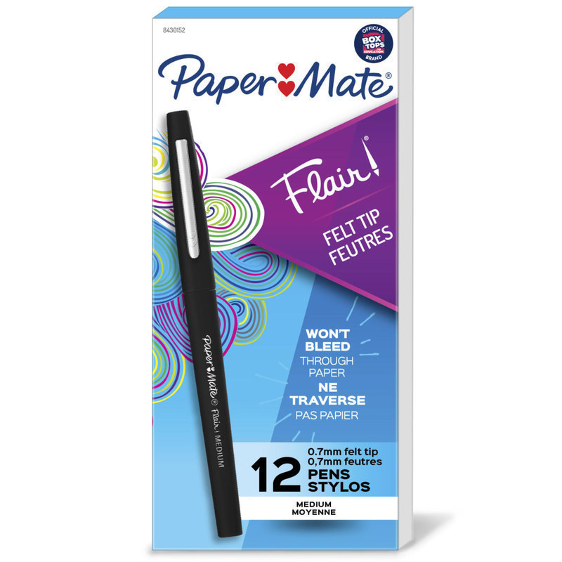 Paper Mate Flair Porous-Point Pens, Medium Point, 0.7 mm, Black Barrel, Black Ink, Pack Of 12 Pens MPN:84301