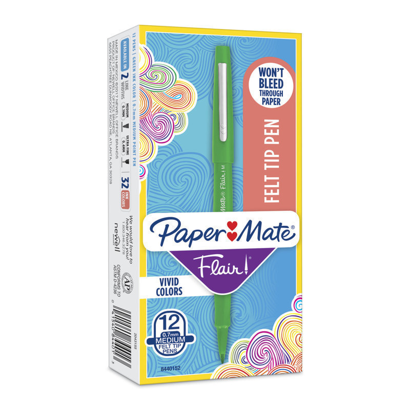 Paper Mate Flair Porous-Point Pens, Medium Point, 0.7 mm, Green Barrel, Green Ink, Pack Of 12 MPN:84401