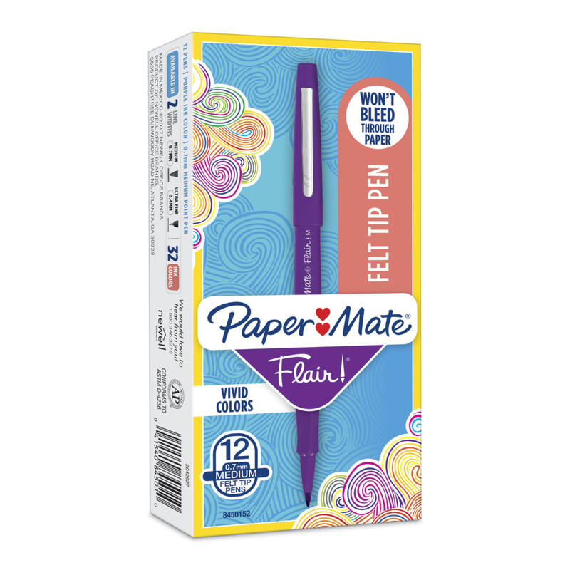 Paper Mate Flair Porous-Point Pens, Medium Point, 0.7 mm, Purple Barrel, Purple Ink, Pack Of 12 MPN:84501