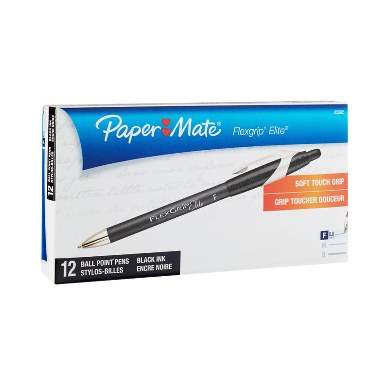 Paper Mate FlexGrip Elite Retractable Ballpoint Pens, Fine Point, 0.8 mm, Black Barrel, Black Ink, Pack Of 12 Pens MPN:88103/85582