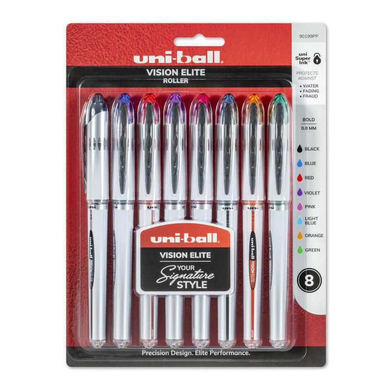 uni-ball Vision Elite Liquid Ink Rollerball Pens, Bold Point, 0.8 mm, Black Barrel, Assorted Ink Colors, Pack Of 8 MPN:90199