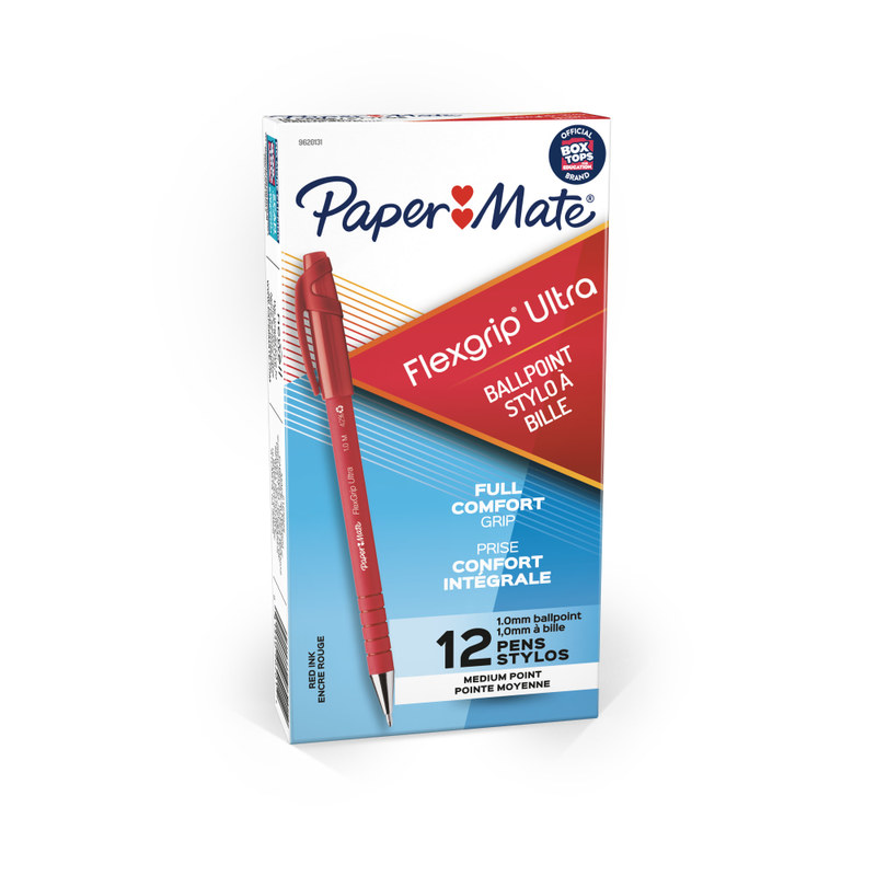 Paper Mate FlexGrip Ultra Ballpoint Stick Pens, Medium Point, 1.0 mm, 42% Recycled, Red Barrel, Red Ink, Pack Of 12 MPN:96201