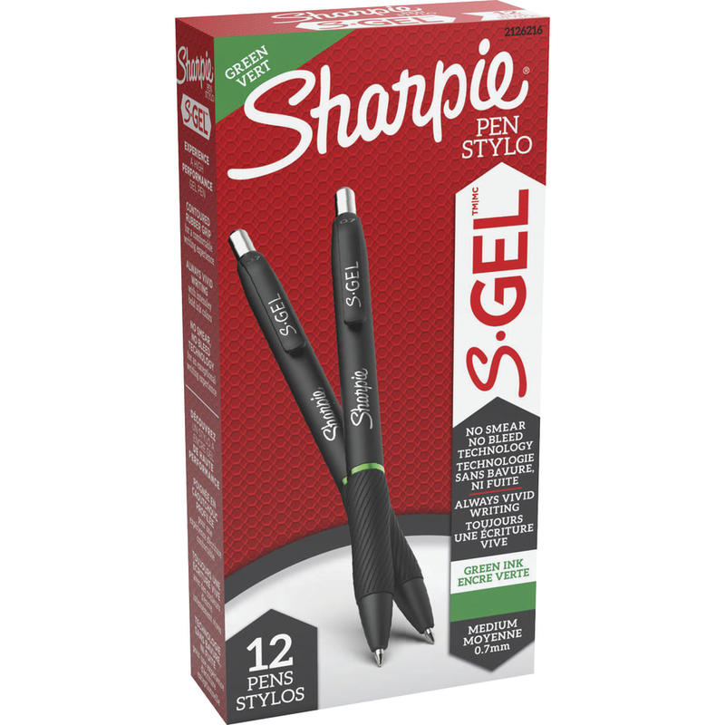 Sharpie S-Gel Retractable Pens, Medium Point, 0.7 mm, Black Barrel, Green Ink, Pack Of 12 Pens MPN:SAN2126216