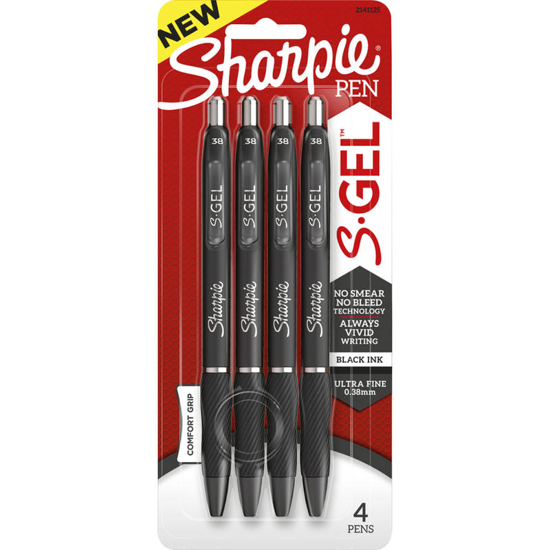 Sharpie S-Gel Pens, Ultra-Fine Point, 0.38 mm, Black Barrel, Black Ink, Pack Of 4 Pens MPN:SAN2141125