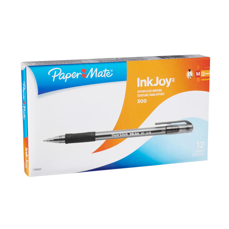 Paper Mate InkJoy 300 Stick Pens, Medium Point, 1.0 mm, Translucent Barrels, Black Ink, Pack Of 12 Pens MPN:1760301