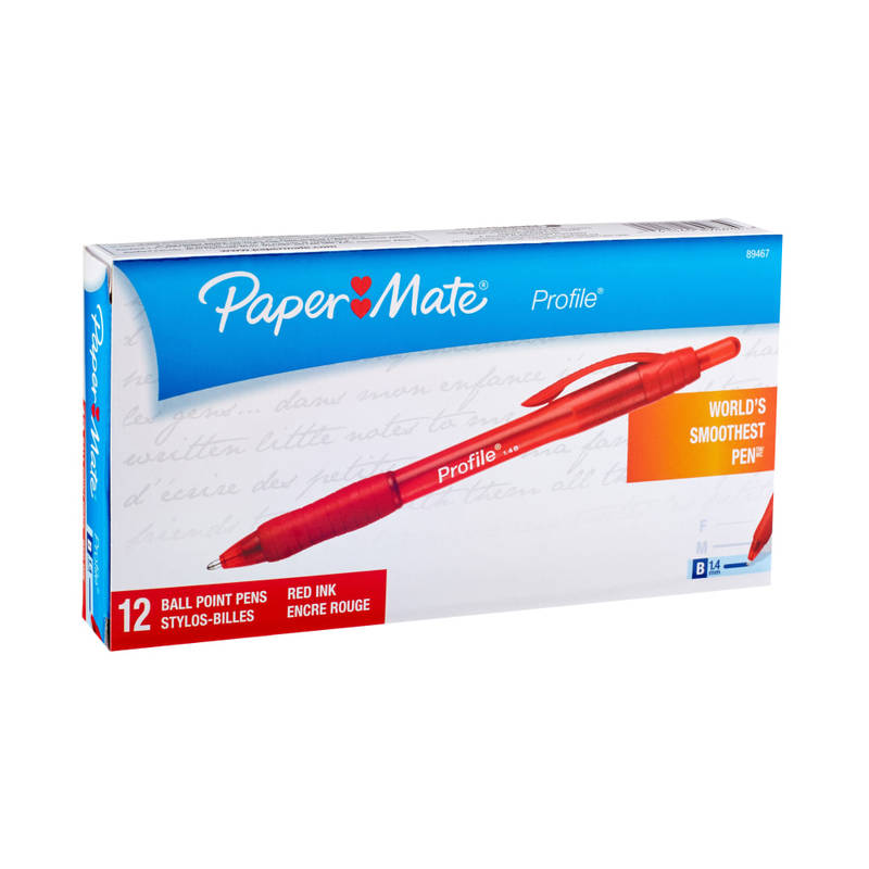 Paper Mate Profile Retractable Ballpoint Pens, Bold Point, 1.4 mm, Translucent Barrel, Red Ink, Pack Of 12 MPN:89467