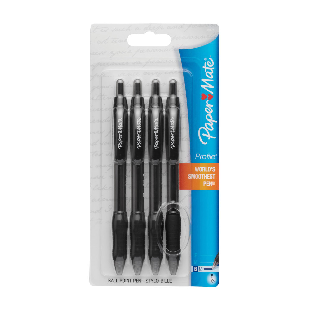Paper Mate Profile Retractable Ballpoint Pens, Bold Point, 1.4 mm, Translucent Barrel, Black Ink, Pack Of 4 Pens MPN:89471