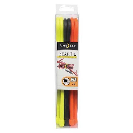 Gear Tie, 18 in L, Variable Max Bundle Dia., Black, Orange, Yellow, Rubber, Wire, 6 PK MPN:GTPP18-A1-R8