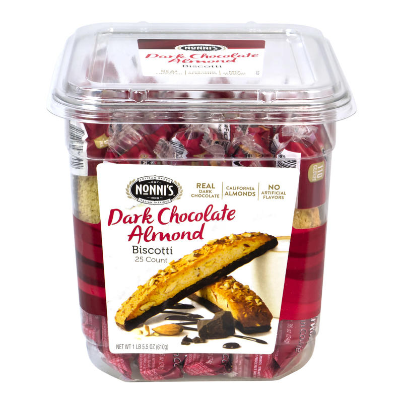Nonnis Dark Chocolate Almond Biscotti, 0.86 Oz, Tub Of 25 Biscotti MPN:97651