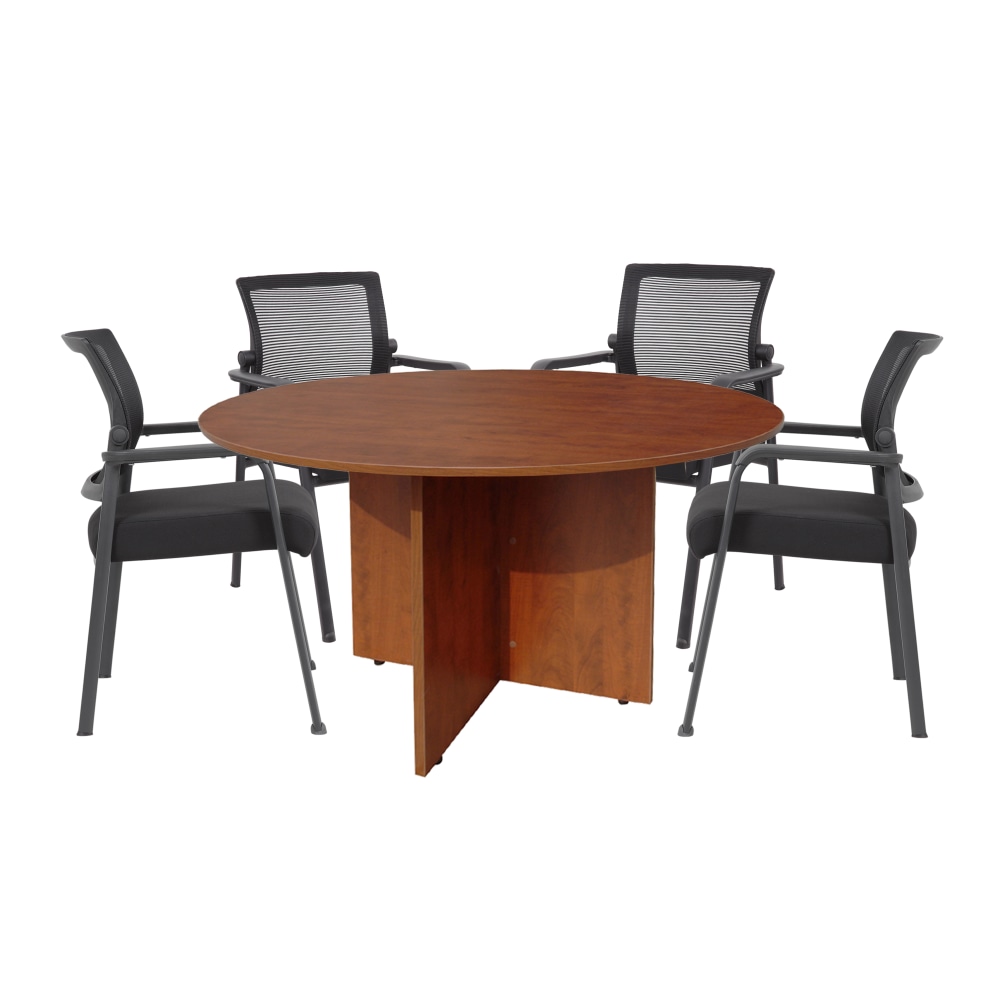 Boss Office Products 47in Round Table And Mesh Guest Chairs Set, Cherry/Black MPN:GROUP123C-A