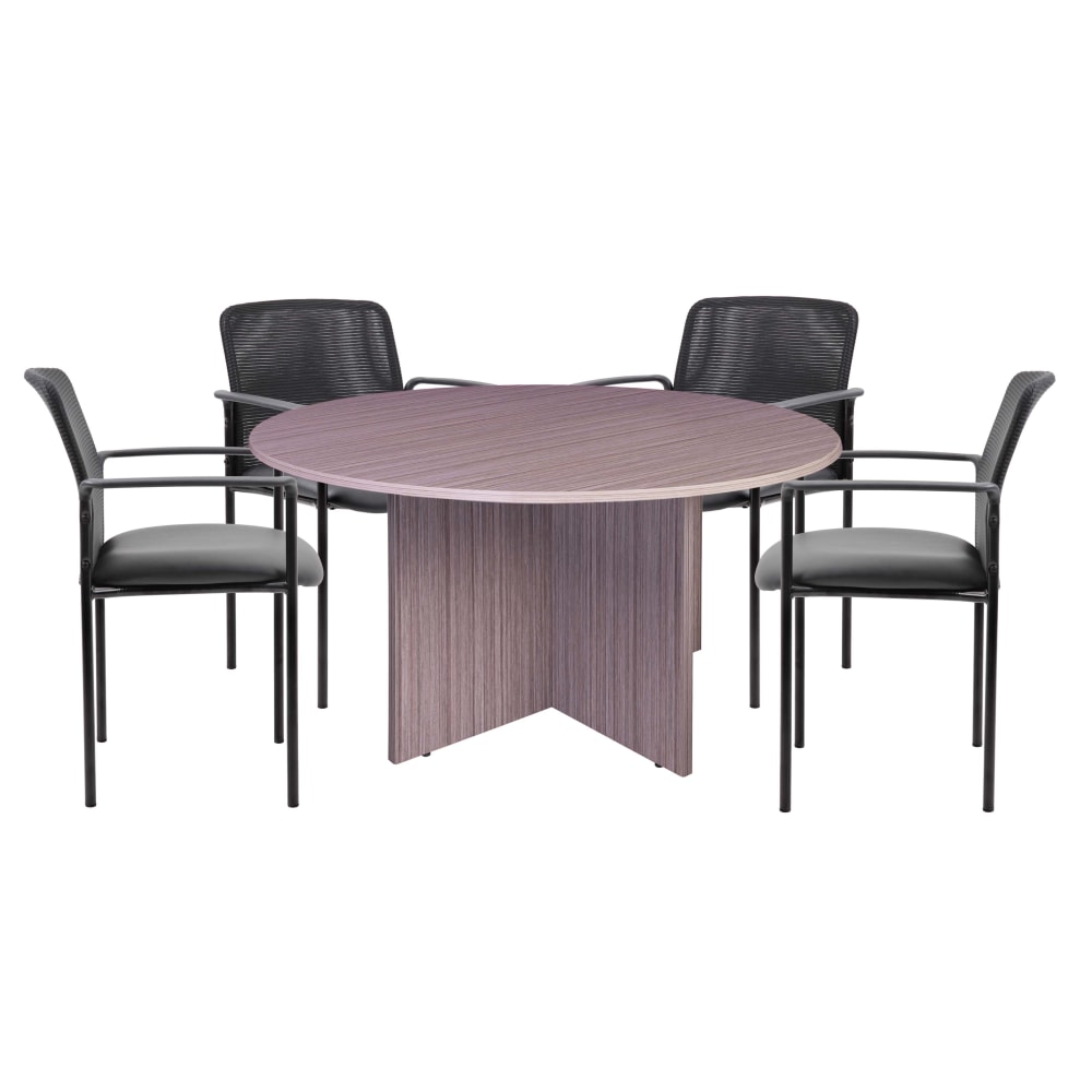 Boss Office Products 47in Round Table And Stackable Mesh Chairs Set, Driftwood/Black MPN:GROUP123DW-C