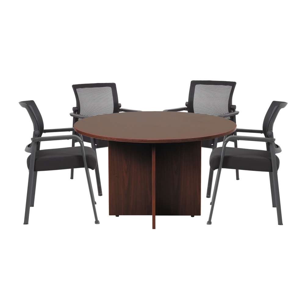 Boss Office Products 47in Round Table And Mesh Guest Chairs Set, Mahogany/Black MPN:GROUP123M-A
