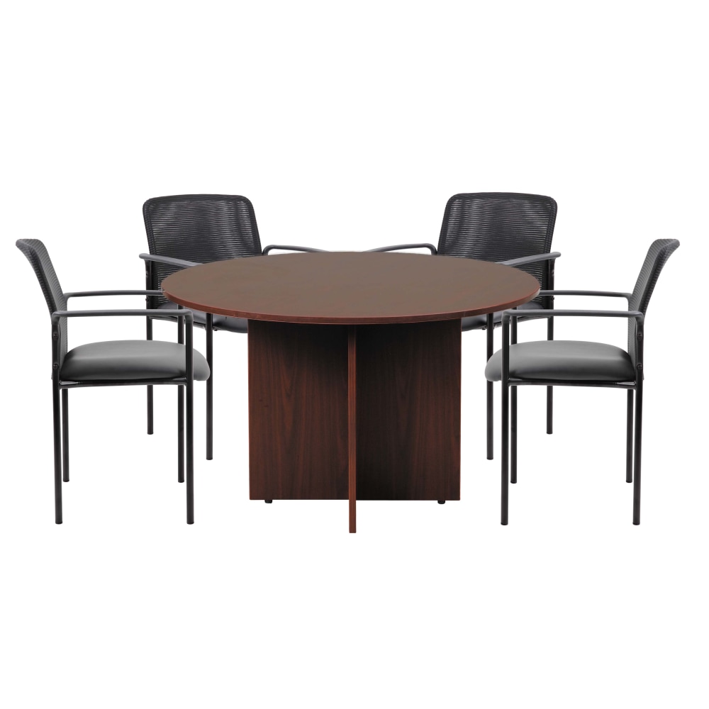 Boss Office Products 47in Round Table And Stackable Mesh Chairs Set, Mahogany/Black MPN:GROUP123M-C