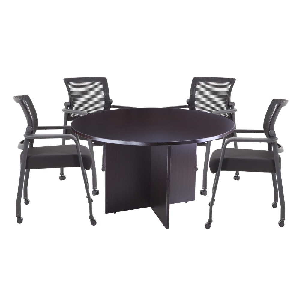Boss Office Products 47in Round Table And Mesh Guest Chairs With Casters Set, Mocha/Black MPN:GROUP123MOC-B
