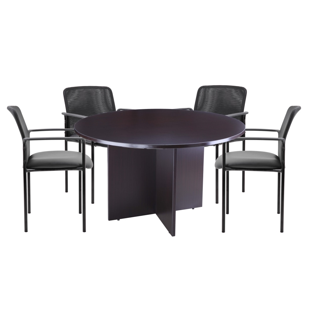 Boss Office Products 47in Round Table And Stackable Mesh Chairs Set, Mocha/Black MPN:GROUP123MOC-C