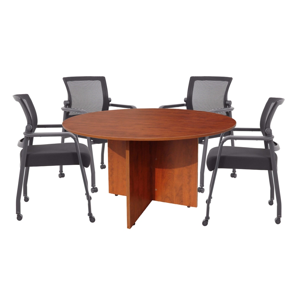 Boss Office Products 42in Round Table And Mesh Guest Chairs With Casters Set, Cherry/Black MPN:GROUP127C-B