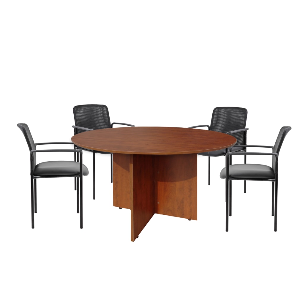 Boss Office Products 42in Round Table And Stackable Guest Chairs Set, Cherry/Black MPN:GROUP127C-C