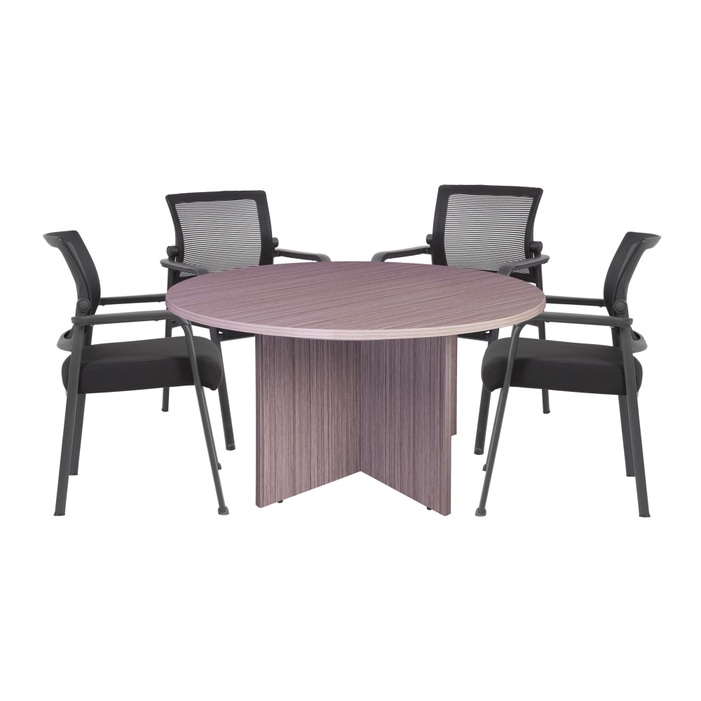 Boss Office Products 42in Round Table And Mesh Guest Chairs Set, Driftwood/Black MPN:GROUP127DW-A