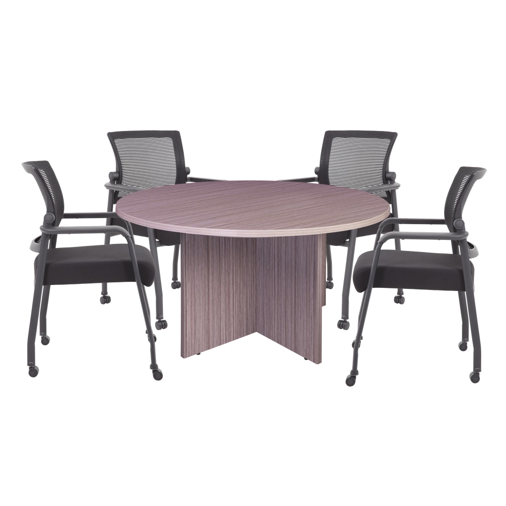 Boss Office Products 42in Round Table And Mesh Guest Chairs With Casters Set, Driftwood/Black MPN:GROUP127DW-B