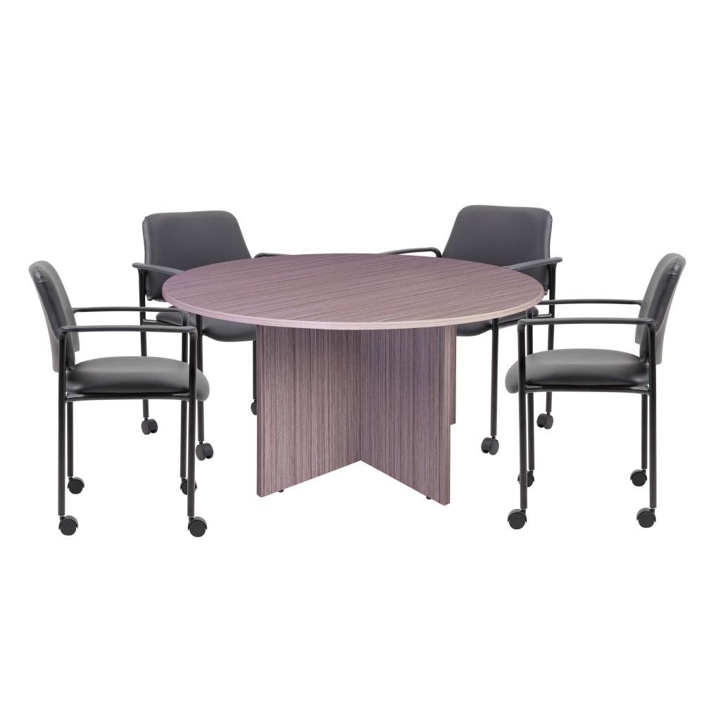Boss Office Products Round Table And 4 Stackable Guest Chairs Set, Driftwood/Black, GROUP127DWD MPN:GROUP127DW-D