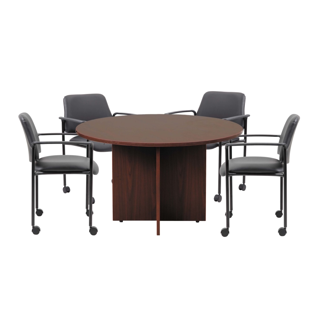 Boss Office Products Round Table And 4 Stackable Guest Chairs Set, 42in Diameter, Mahogany/Black MPN:GROUP127M-D