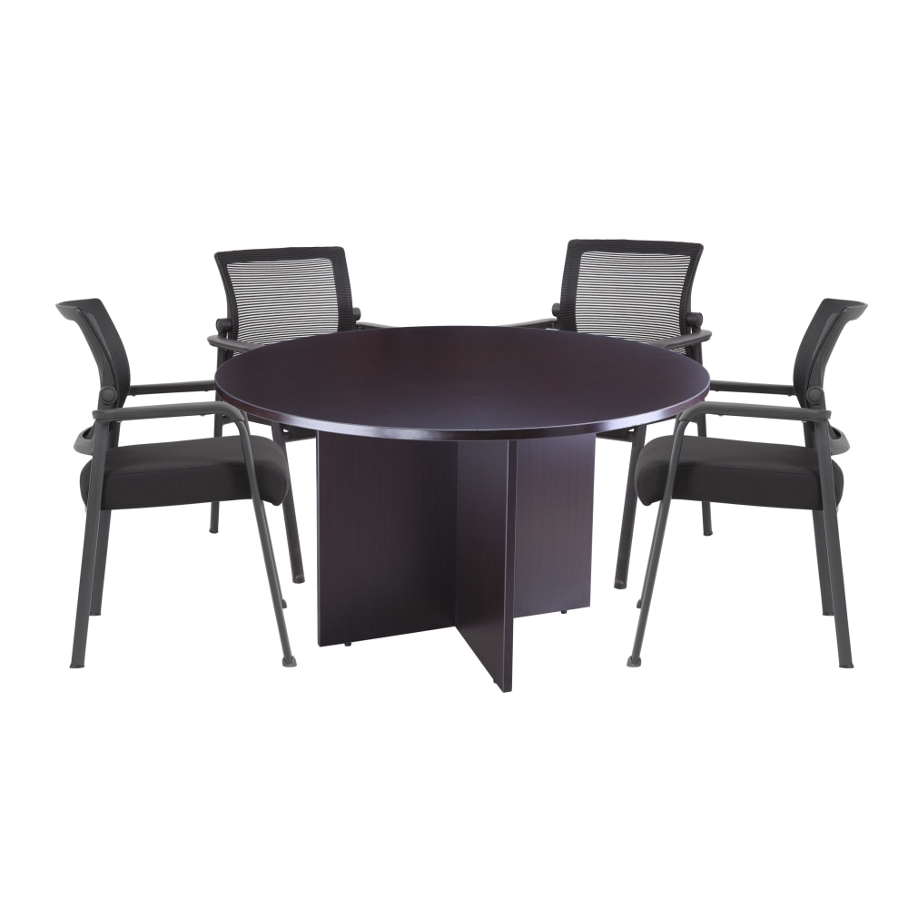 Boss Office Products 42in Round Table And Mesh Guest Chairs Set, Mocha/Black MPN:GROUP127MOC-A