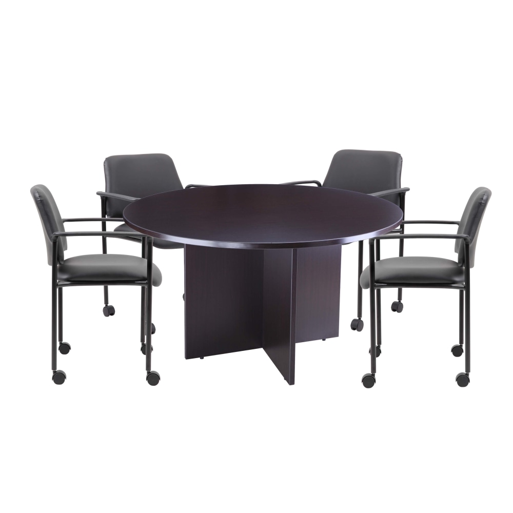 Boss Office Products Round Table And 4 Stackable Guest Chairs Set, Mocha/Black, GROUP127MOCD MPN:GROUP127MOC-D